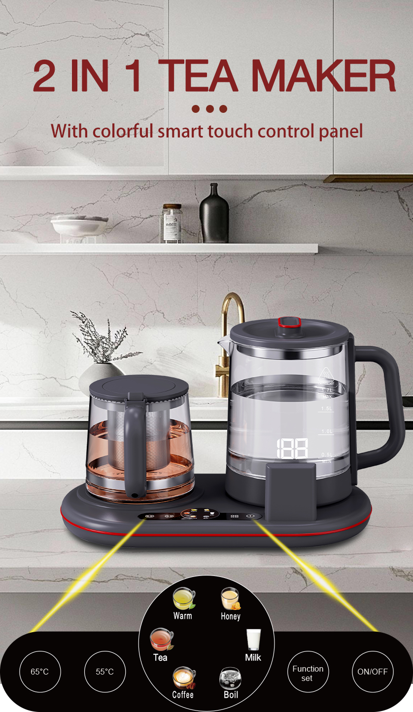 جديد منخفض القوة الكهربائية الحديثة الدفء ماكينة صنع الشاي المحمولة Thermopot الزجاج فندق غلاية مجموعة صينية 1.7L + 1.1L إبريق الشاي الكهربائي