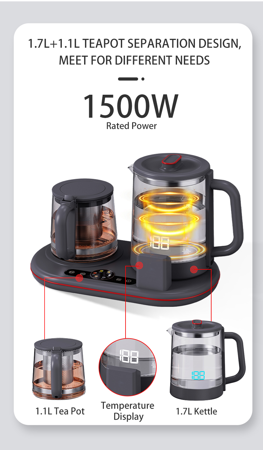 جديد منخفض القوة الكهربائية الحديثة الدفء ماكينة صنع الشاي المحمولة Thermopot الزجاج فندق غلاية مجموعة صينية 1.7L + 1.1L إبريق الشاي الكهربائي