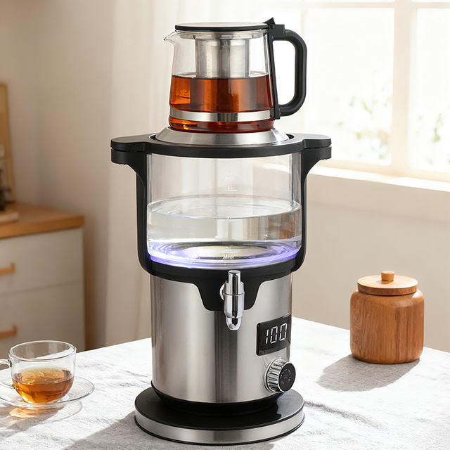 وافق CE/CB سعة 5.6L سعة كبيرة ساموفار إبريق شاي زجاجي عالي البورون وظيفة الدفء وعاء غلاية مزدوجة ماكينة صنع الشاي التركي غلاية