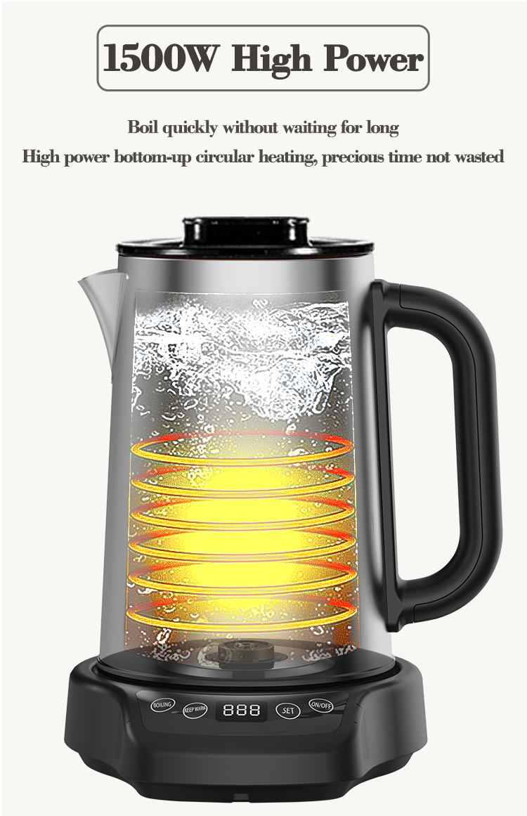 أجهزة المطبخ 1500W MACHENT BOIL-DERY حماية صانع الشاي 2.0 لتر+1.1 لتر طبقة كهربائية مزدوجة مع شاي زجاجي