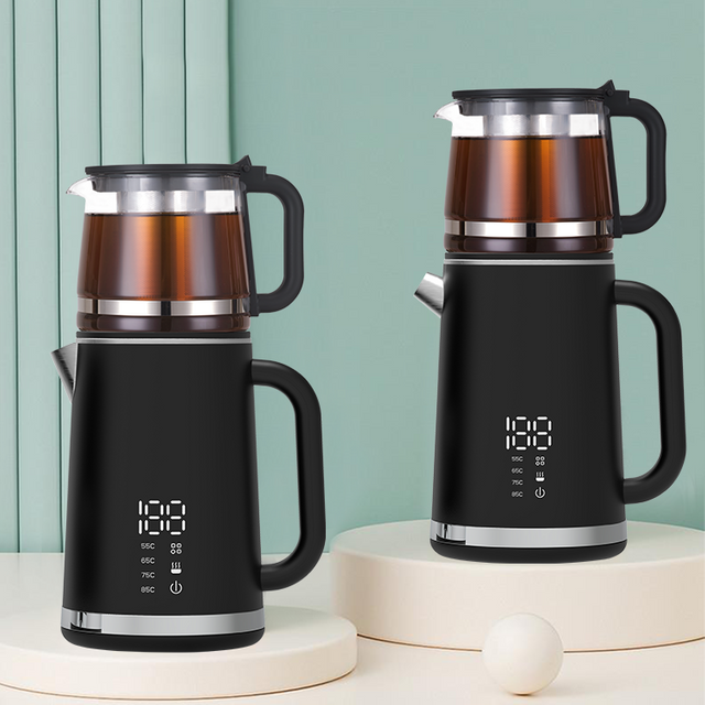 Yuekon 1.5L+1.1L غلاية زجاجية إلكترونية وبلايوت 2 IN1 صانع شاي طبقة مزدوجة مع التحكم في درجة الحرارة