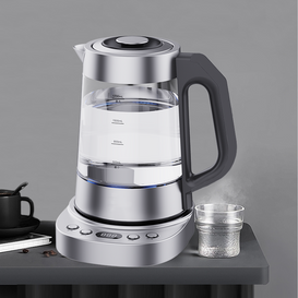 غلاية مياه كهربائية داخلية أنيقة باللون الأزرق LED وصانع الشاي الرقمي من الفولاذ المقاوم للصدأ للتحكم في درجة الحرارة وغلاية زجاجية لاسلكية 