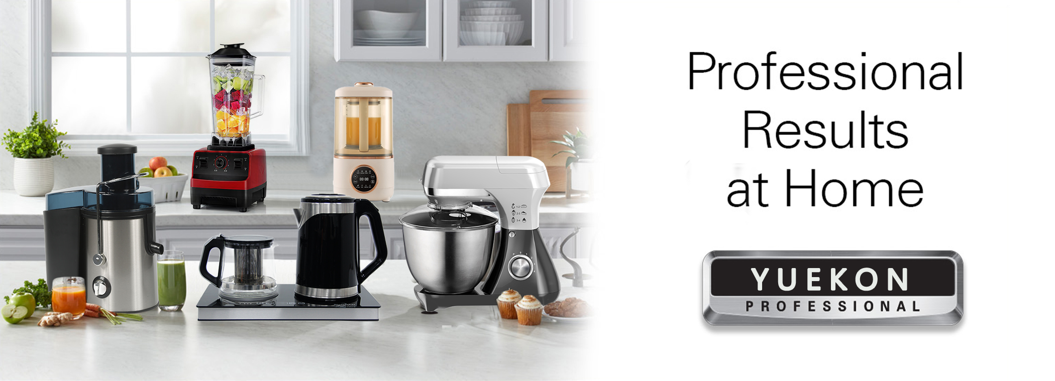 صورة تعرض النص \'نتائج احترافية في المنزل\' و\'YUEKON PROFESSIONAL\' الذي يمثل التزام شركة Zhongshan Yuekon Electrical Appliances Co., Limited بتقديم أجهزة منزلية ذات جودة احترافية.