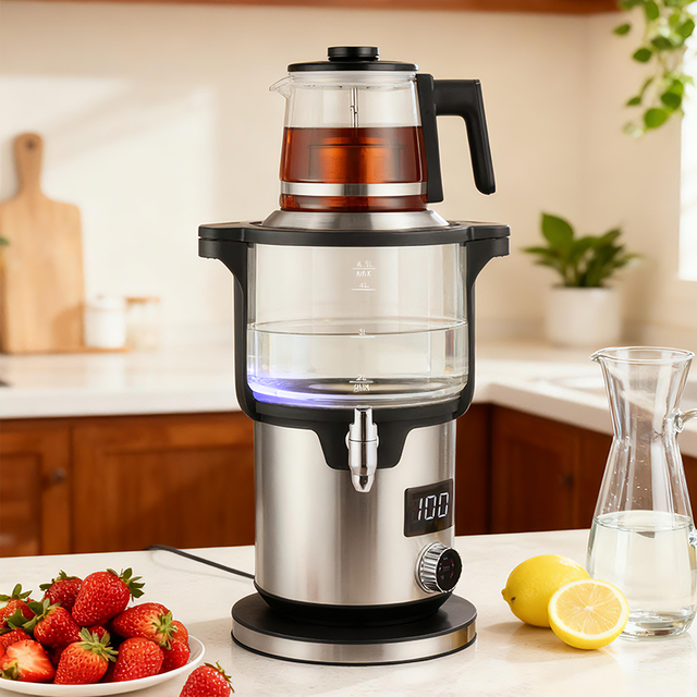 ماكينة صنع الشاي الذكية بطبقة مزدوجة 4.5 + 1.1L بقدرة 2000 وات بمقبض منزلي وغلاية شاي تركية غلايات كهربائية لاسلكية لغلي الماء