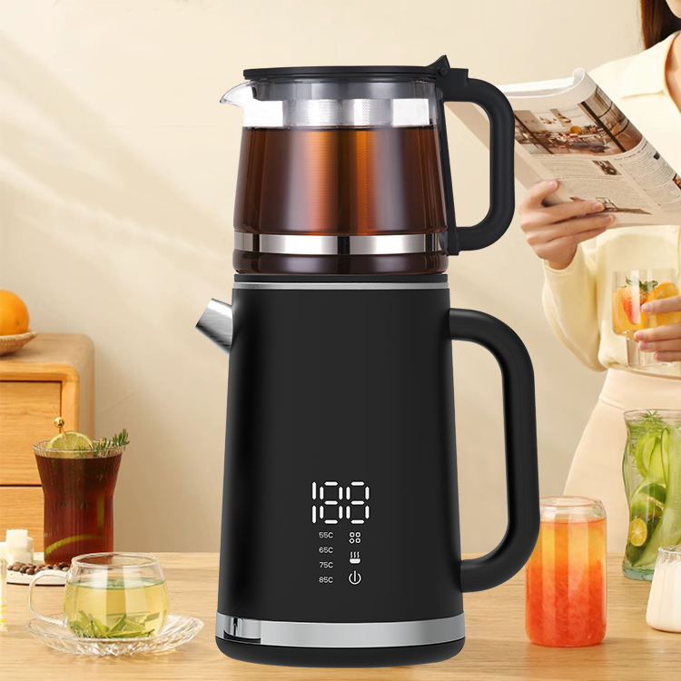 Yuekon 1.5L+1.1L غلاية زجاجية إلكترونية وبلايوت 2 IN1 صانع شاي طبقة مزدوجة مع التحكم في درجة الحرارة