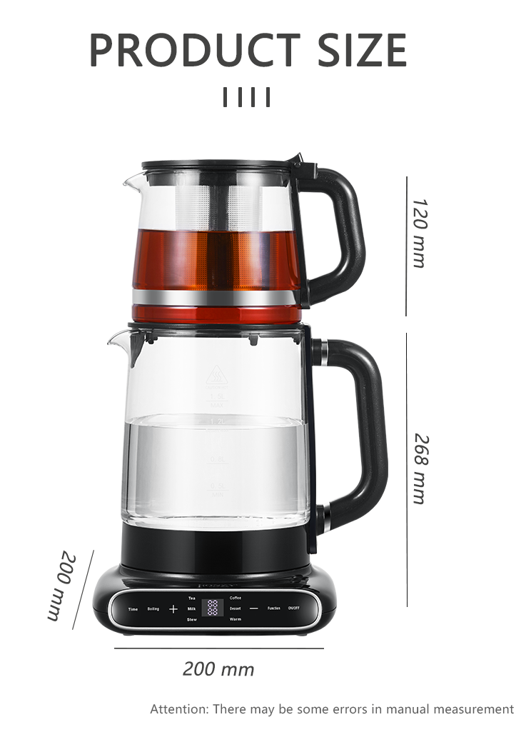 360 قاعدة دوران 1.5l + 1.1l زجاج غلاية كهربائية براد شاي أنيق تركي روسي كهربائي Samovar 