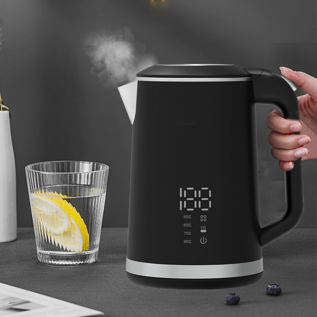 الأجهزة المنزلية 1.5l 304 غلايات كهربائية من الفولاذ المقاوم للصدأ للطعام بجدار مزدوج غلاية مياه كهربائية إبريق 