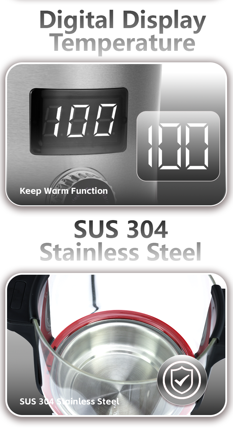 غلاية ساموفار تركية للتدفئة عالية السرعة 2000 وات وإبريق شاي زجاجي مقاوم للحرارة رقمي متعدد التحكم في درجة الحرارة للشاي/القهوة