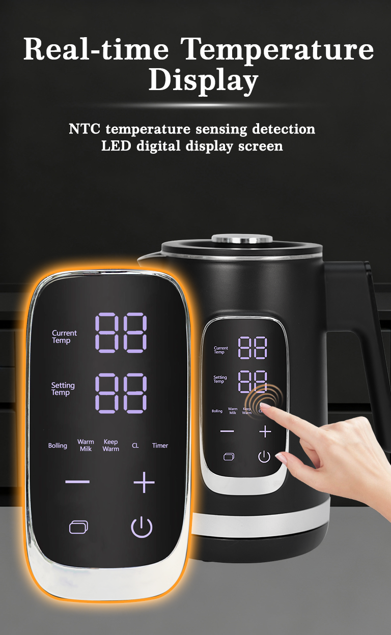 غلاية كهربائية من الفولاذ المقاوم للصدأ بقدرة 1500 وات من المصنع OEM، غلاية كهربائية بتحكم رقمي أسود مع حماية من الغليان الجاف