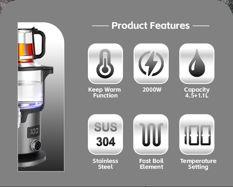 الجملة Skd Ckd وعاء مزدوج الرقمية الروسية Samovar 4.5L 2000 واط الكهربائية الفولاذ المقاوم للصدأ التلقائي غلاية تركية مع إبريق الشاي